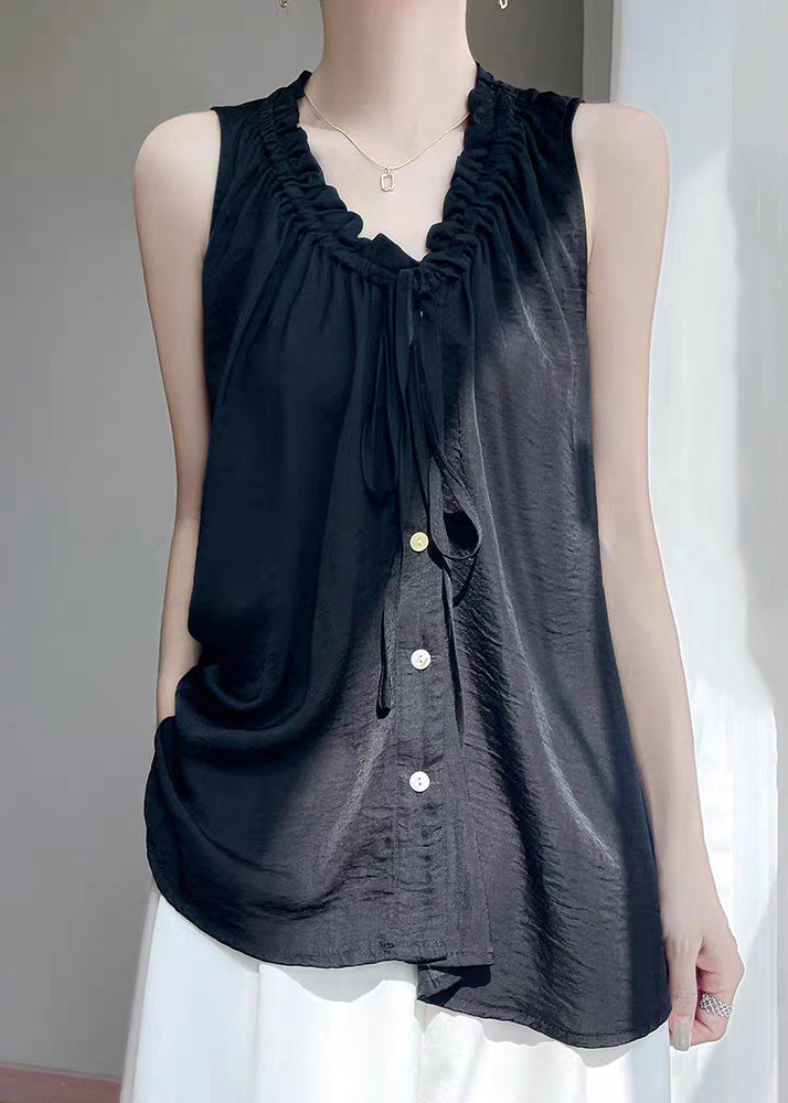 Women Black V Neck Ruffled Button Cotton Blouse Summer