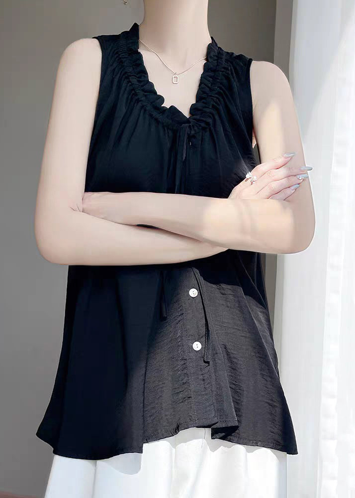 Women Black V Neck Ruffled Button Cotton Blouse Summer