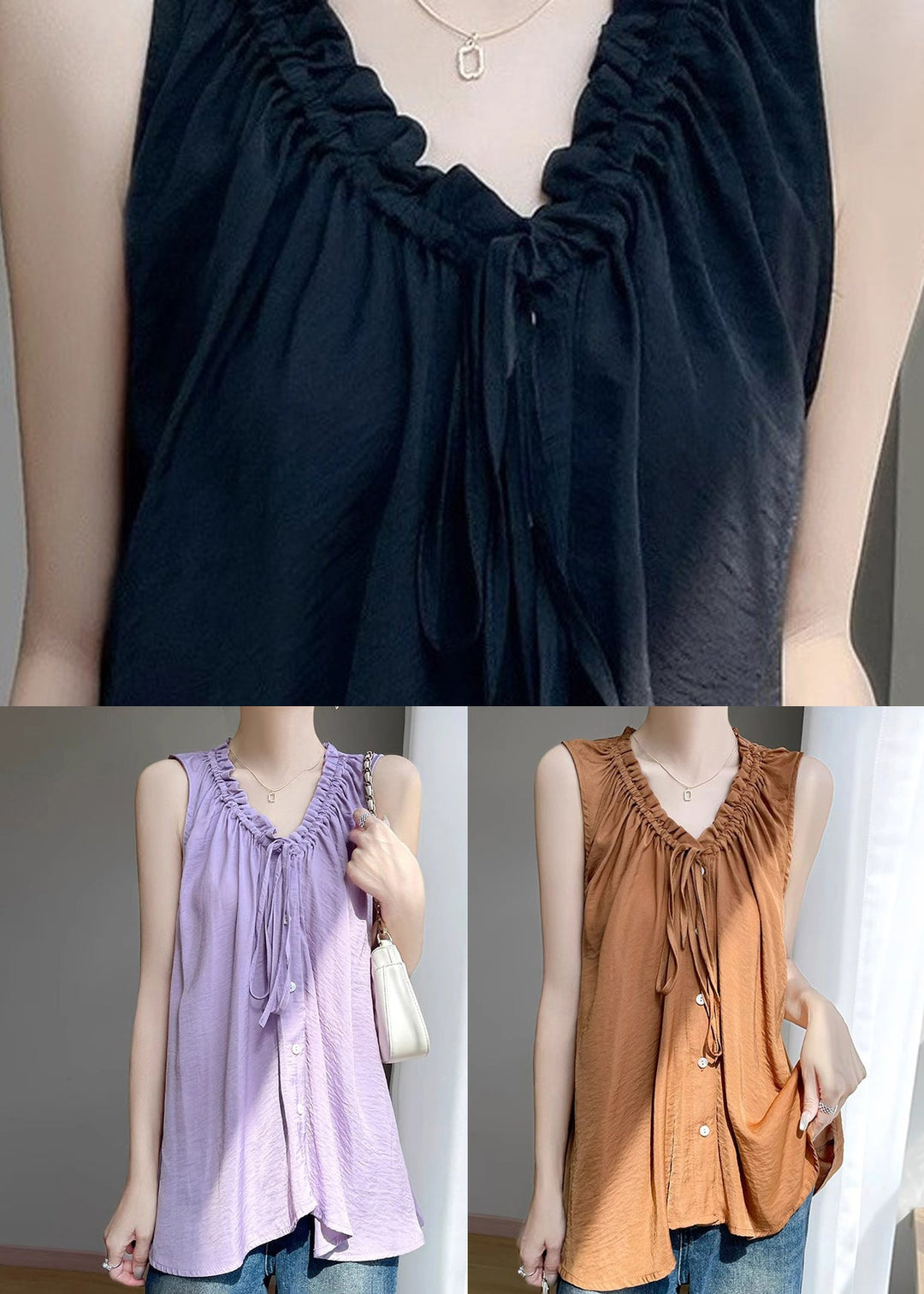 Women Black V Neck Ruffled Button Cotton Blouse Summer