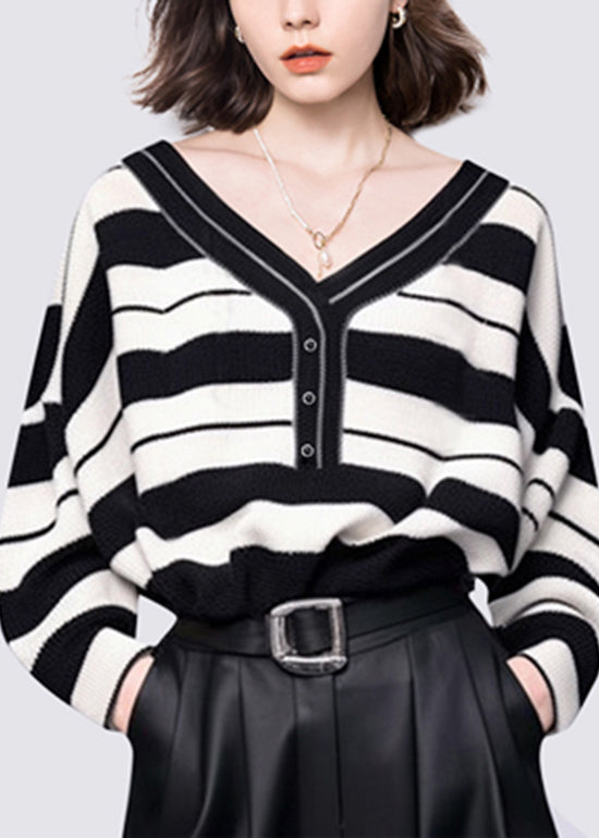 Women Black White Striped V Neck Cotton Knit Sweater Fall