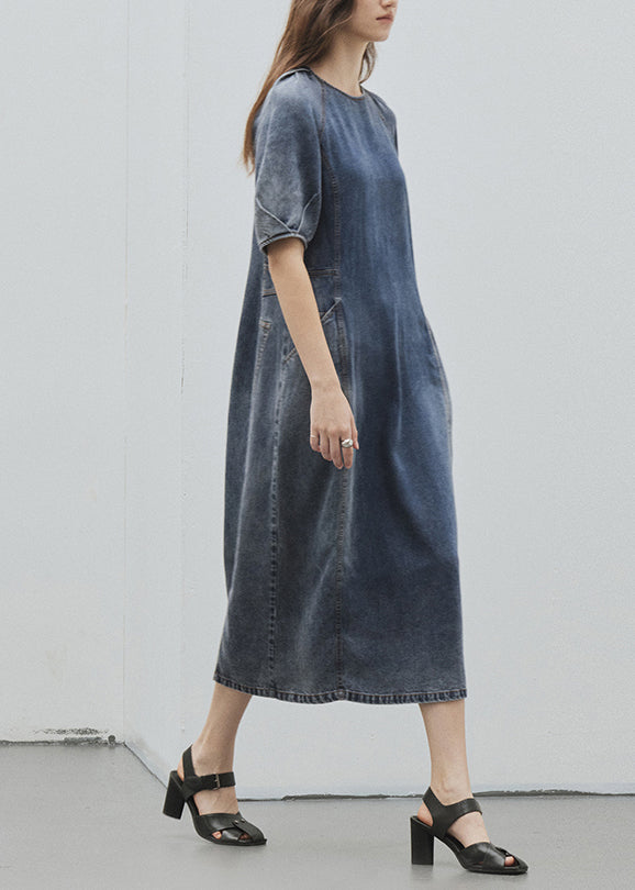 Women Blue O Neck Pockets Patchwork Denim Dress Summer