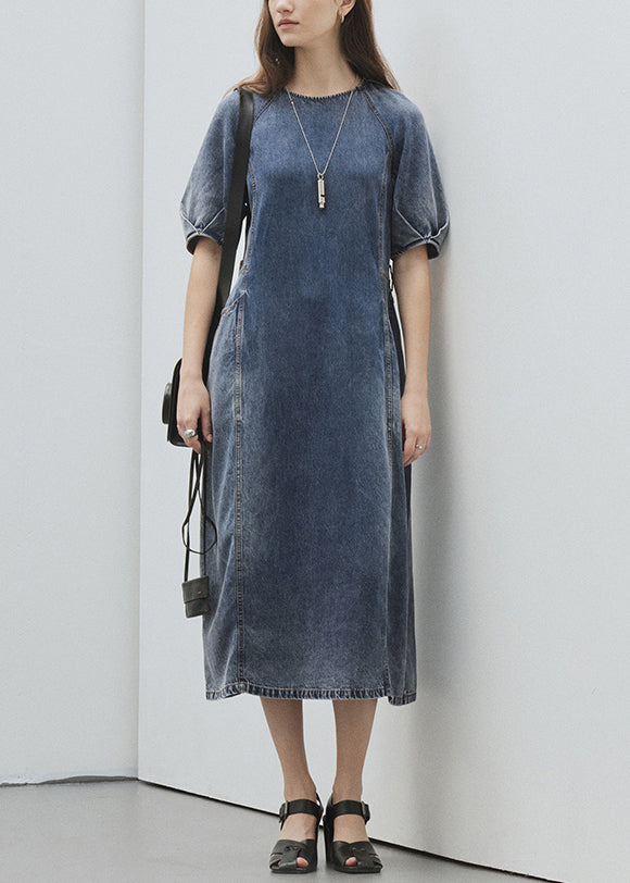 Women Blue O Neck Pockets Patchwork Denim Dress Summer