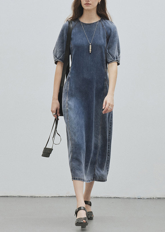 Women Blue O Neck Pockets Patchwork Denim Dress Summer