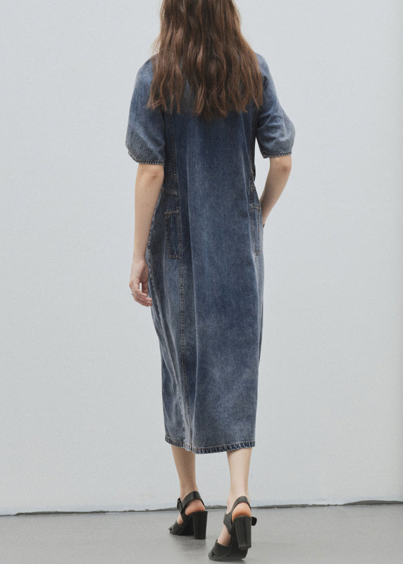 Women Blue O Neck Pockets Patchwork Denim Dress Summer