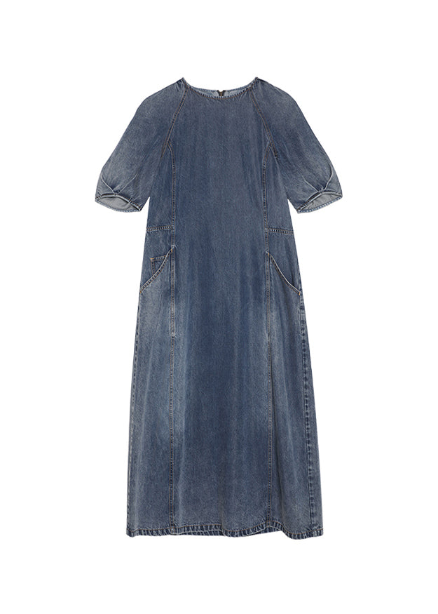 Women Blue O Neck Pockets Patchwork Denim Dress Summer