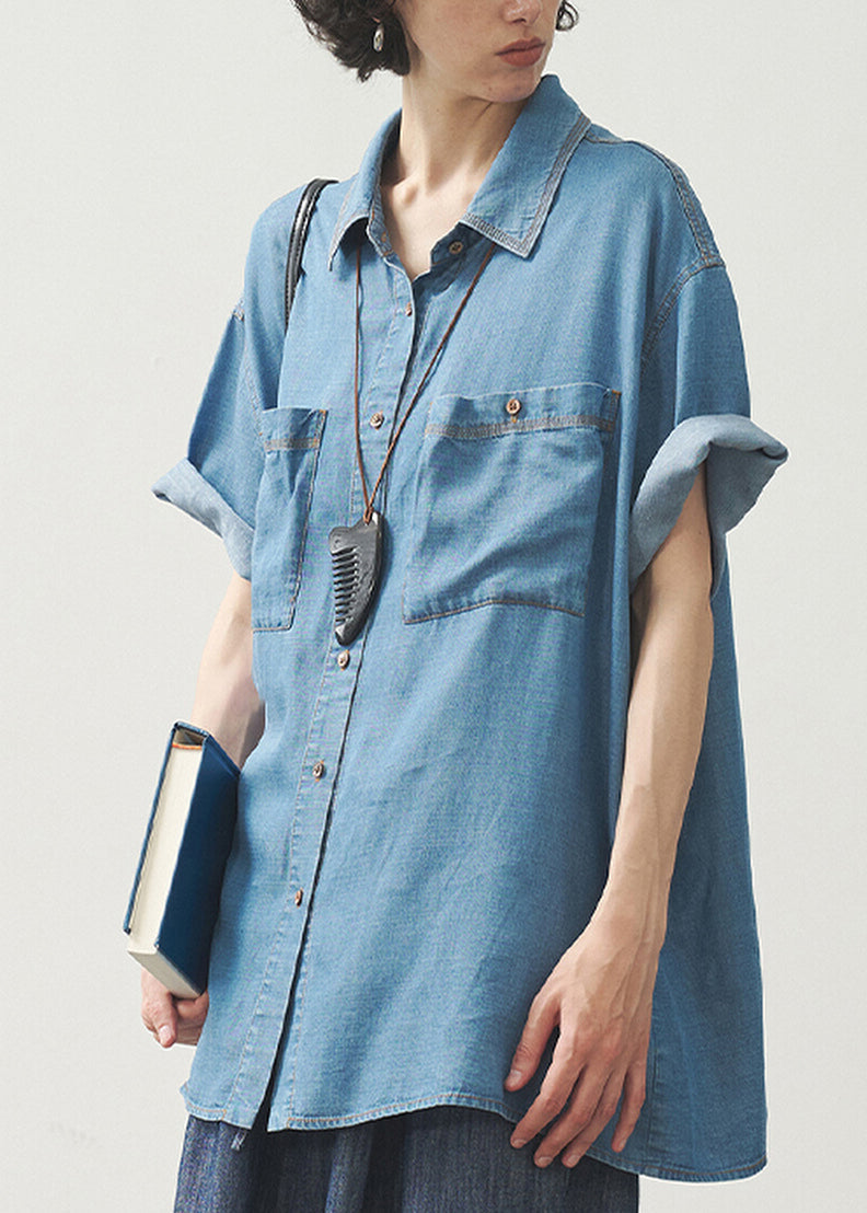 Women Blue Peter Pan Collar Pockets Button Denim Shirts Summer