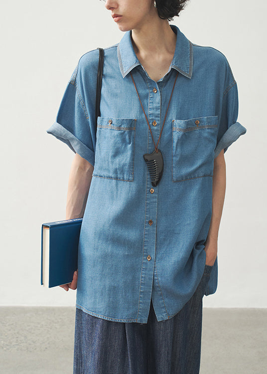 Women Blue Peter Pan Collar Pockets Button Denim Shirts Summer