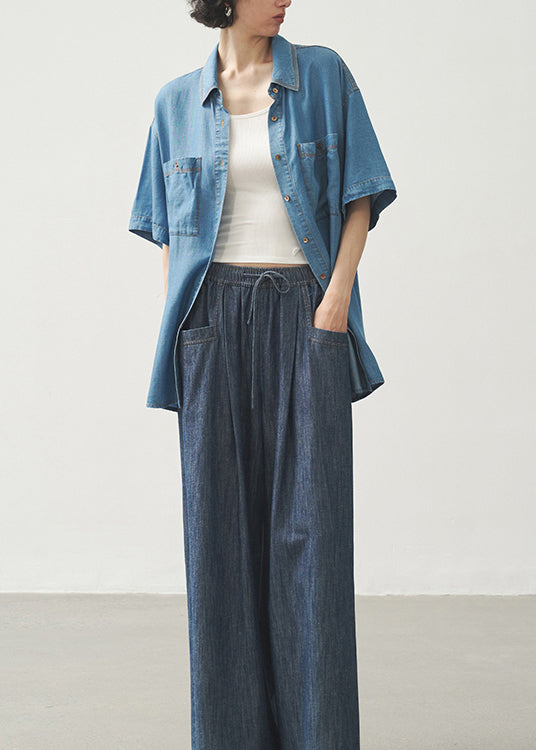 Women Blue Peter Pan Collar Pockets Button Denim Shirts Summer