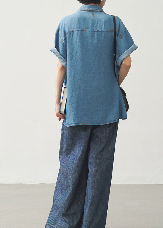 Women Blue Peter Pan Collar Pockets Button Denim Shirts Summer