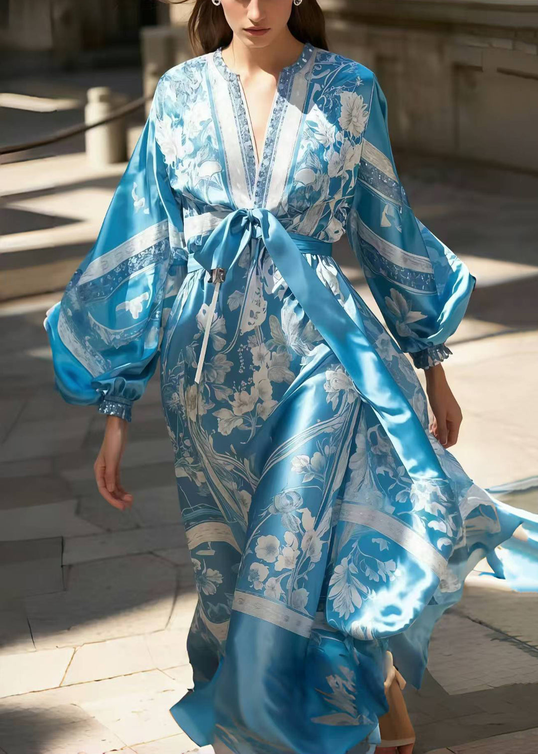 Women Blue Print Draping Silk Maxi Dress Lantern Sleeve