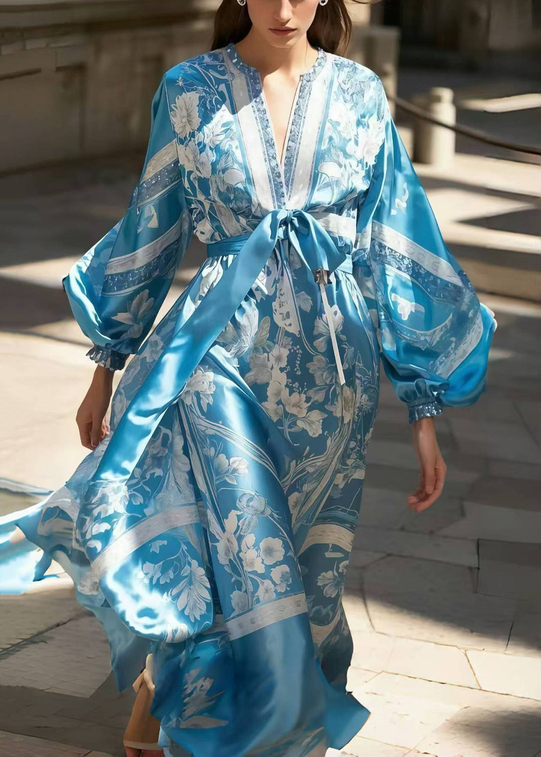 Women Blue Print Draping Silk Maxi Dress Lantern Sleeve