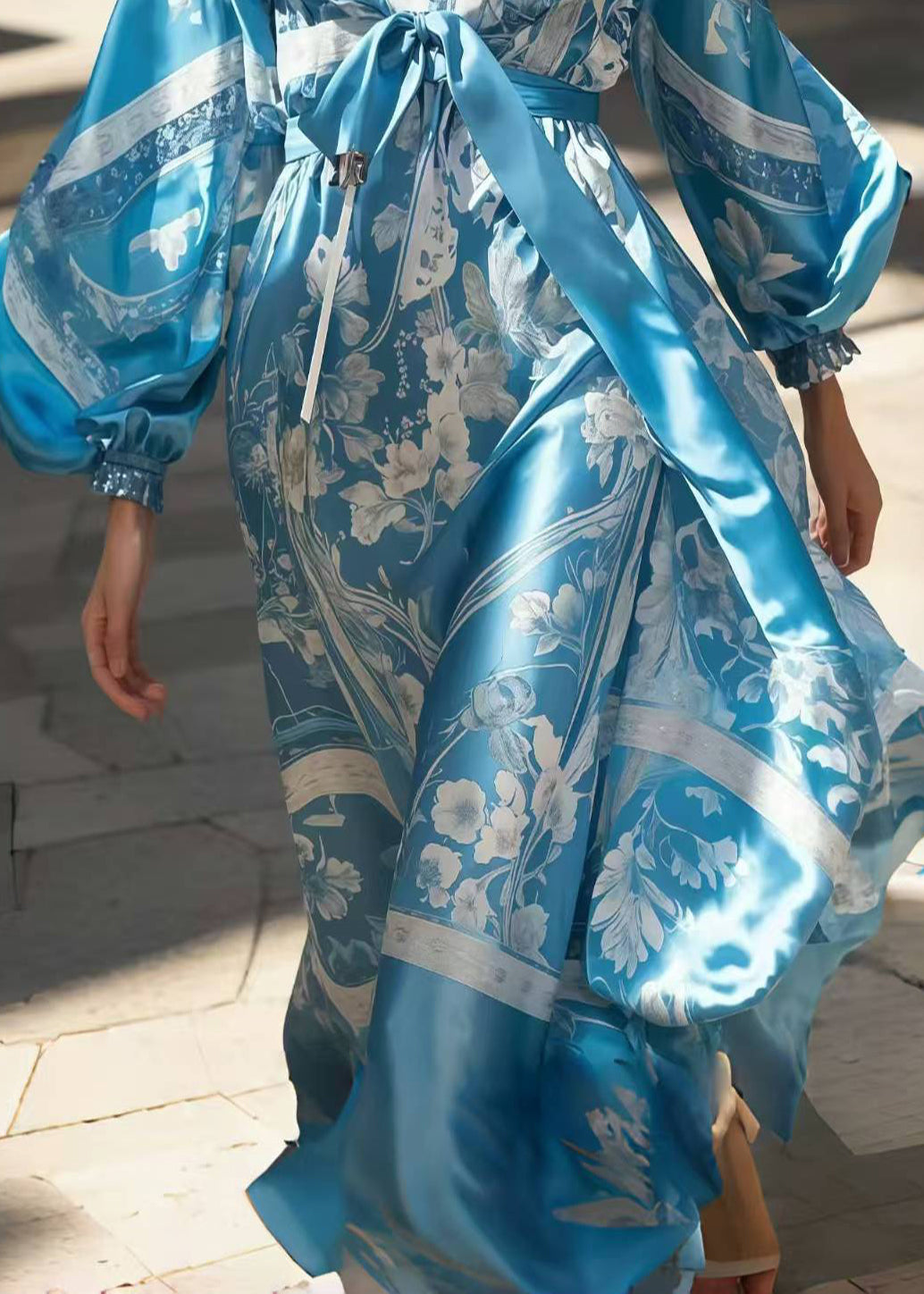 Women Blue Print Draping Silk Maxi Dress Lantern Sleeve