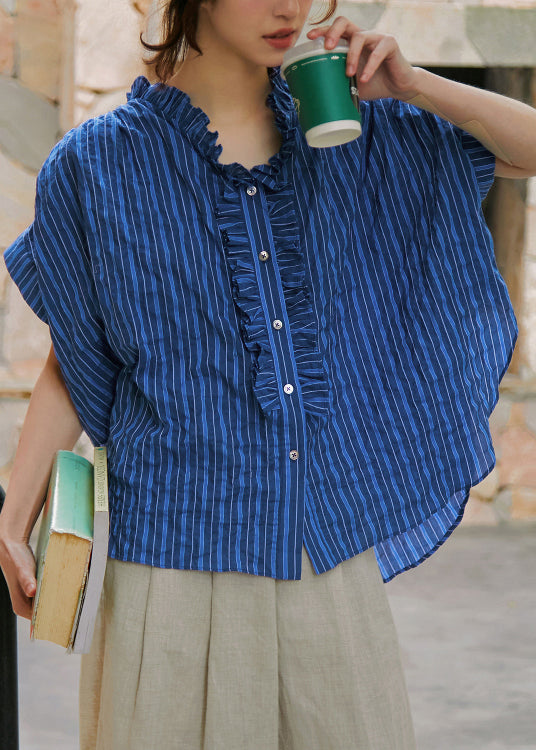 Women Blue Ruffled Striped Cotton Blouse Top Summer