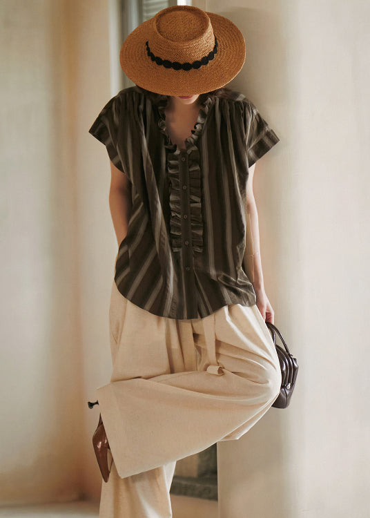 Women Blue Ruffled Striped Cotton Blouse Top Summer