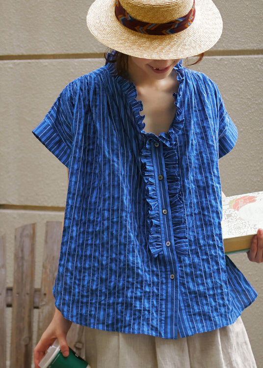 Women Blue Ruffled Striped Cotton Blouse Top Summer