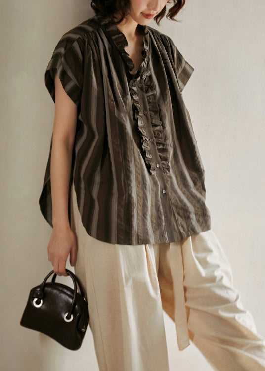 Women Blue Ruffled Striped Cotton Blouse Top Summer