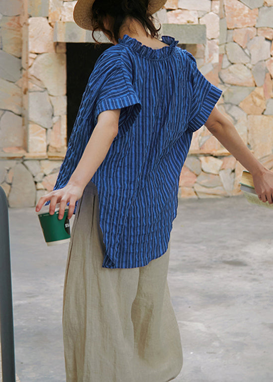 Women Blue Ruffled Striped Cotton Blouse Top Summer