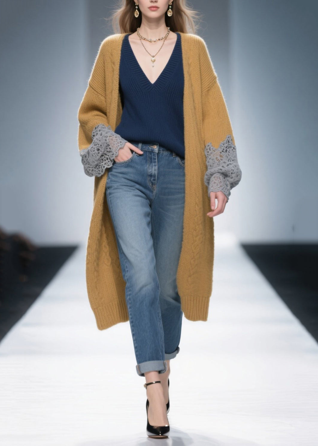 Women Brown Oversized Patchwork Lace Knit Long Cardigans Winter