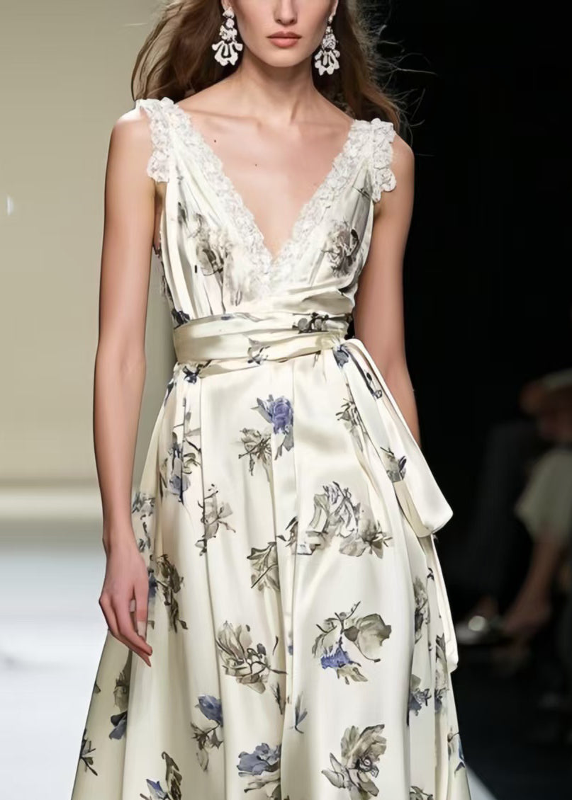 Women Champagne Print Exra Large Hem Silk Party Dress Summer