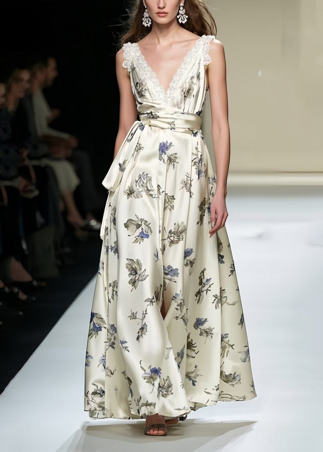 Women Champagne Print Exra Large Hem Silk Party Dress Summer