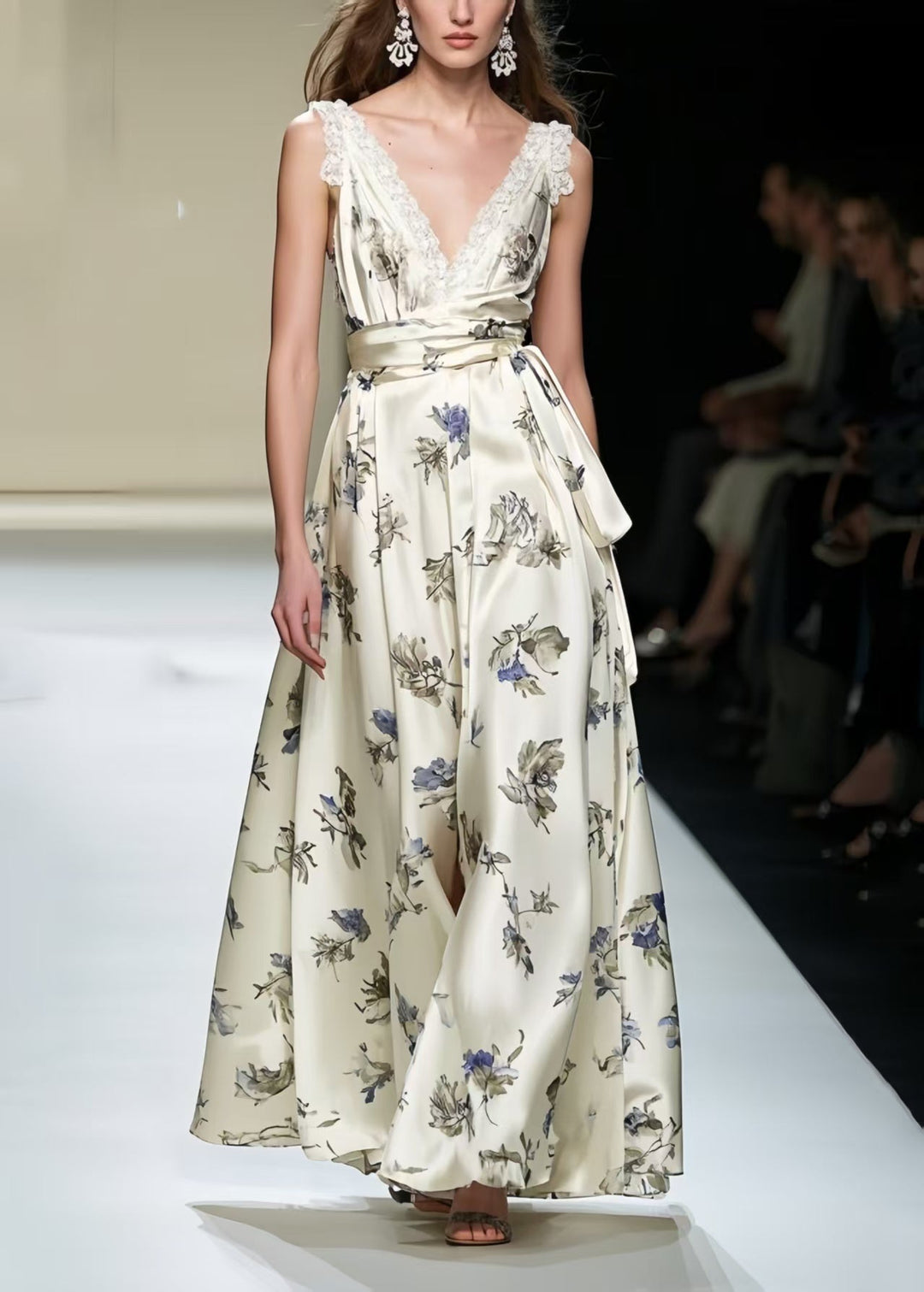 Women Champagne Print Exra Large Hem Silk Party Dress Summer