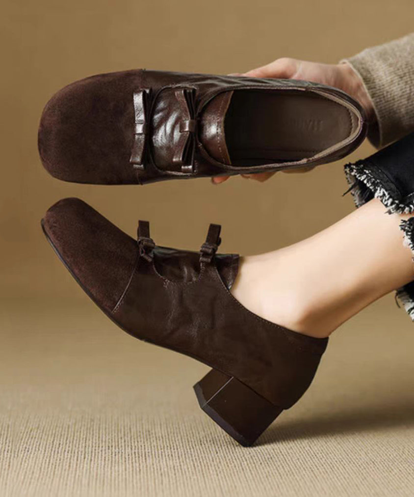 Women Chocolate Chunky Suede Bow Splicing Loafers