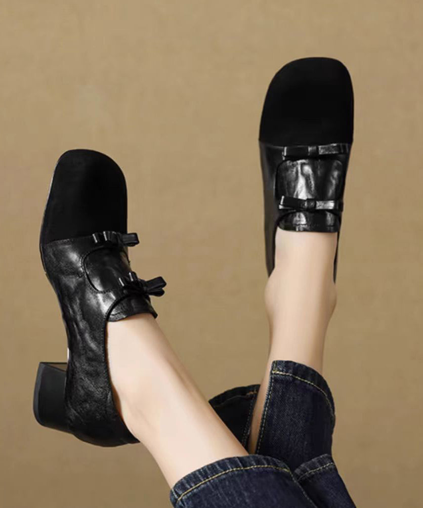 Women Chocolate Chunky Suede Bow Splicing Loafers