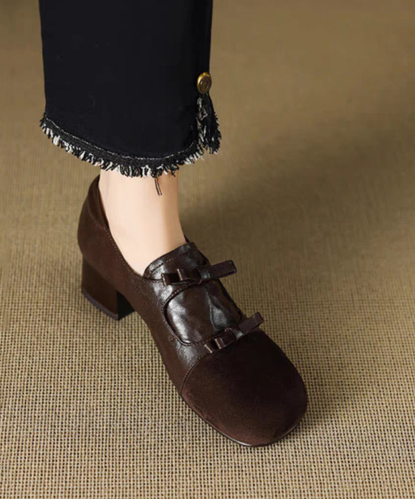 Women Chocolate Chunky Suede Bow Splicing Loafers