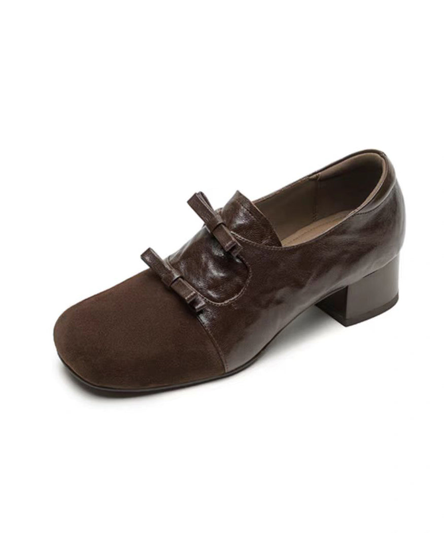 Women Chocolate Chunky Suede Bow Splicing Loafers