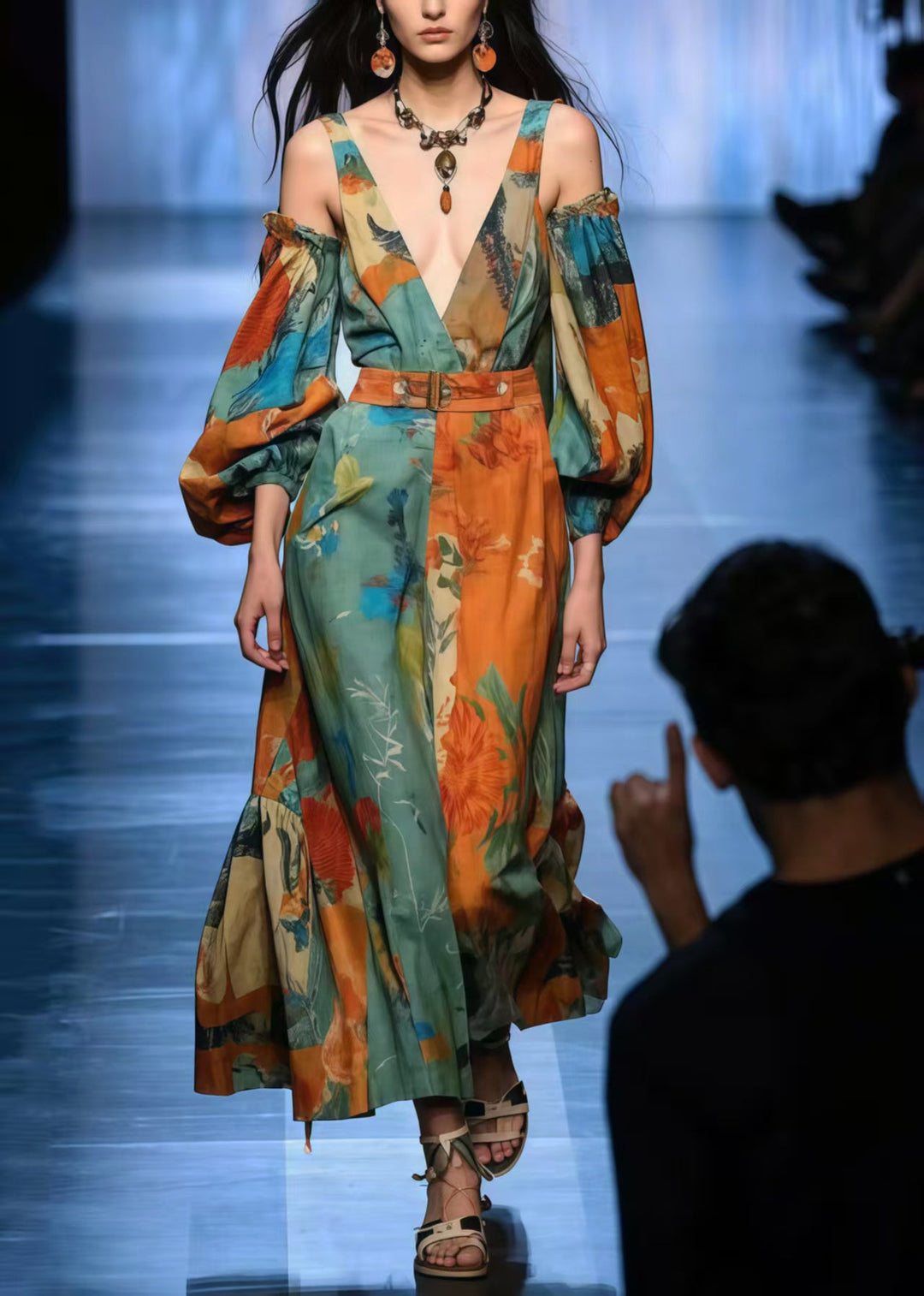 Women Colorblock Cold Shoulder Print Cotton Vacation Dresses Spring