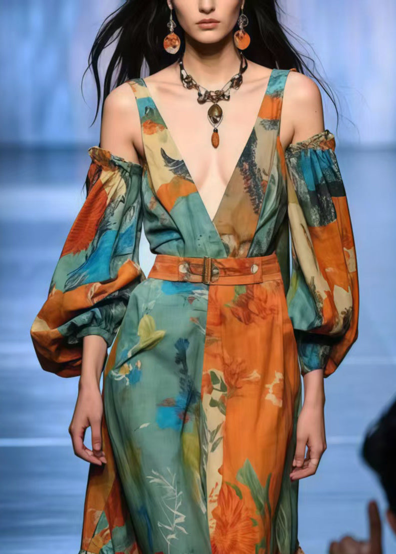 Women Colorblock Cold Shoulder Print Cotton Vacation Dresses Spring