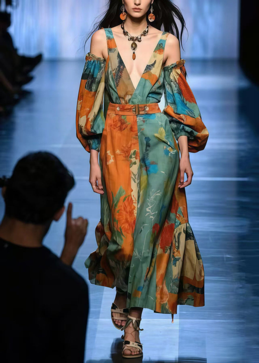 Women Colorblock Cold Shoulder Print Cotton Vacation Dresses Spring