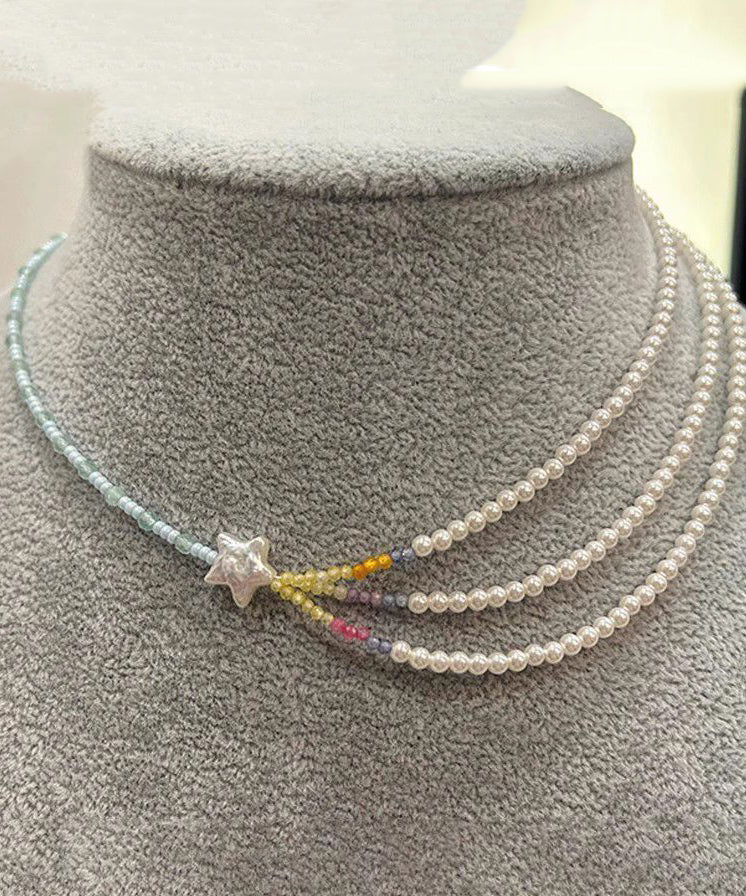 Women Colorblock Pearl Beads Layered Star Gratuated Bead Necklace