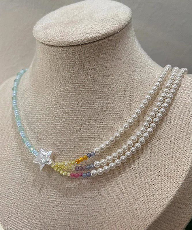 Women Colorblock Pearl Beads Layered Star Gratuated Bead Necklace