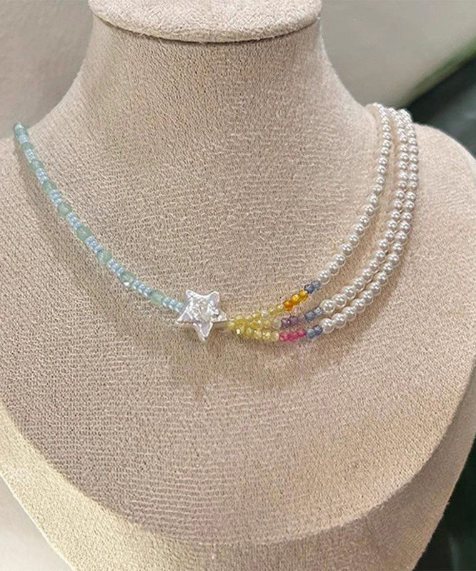 Women Colorblock Pearl Beads Layered Star Gratuated Bead Necklace