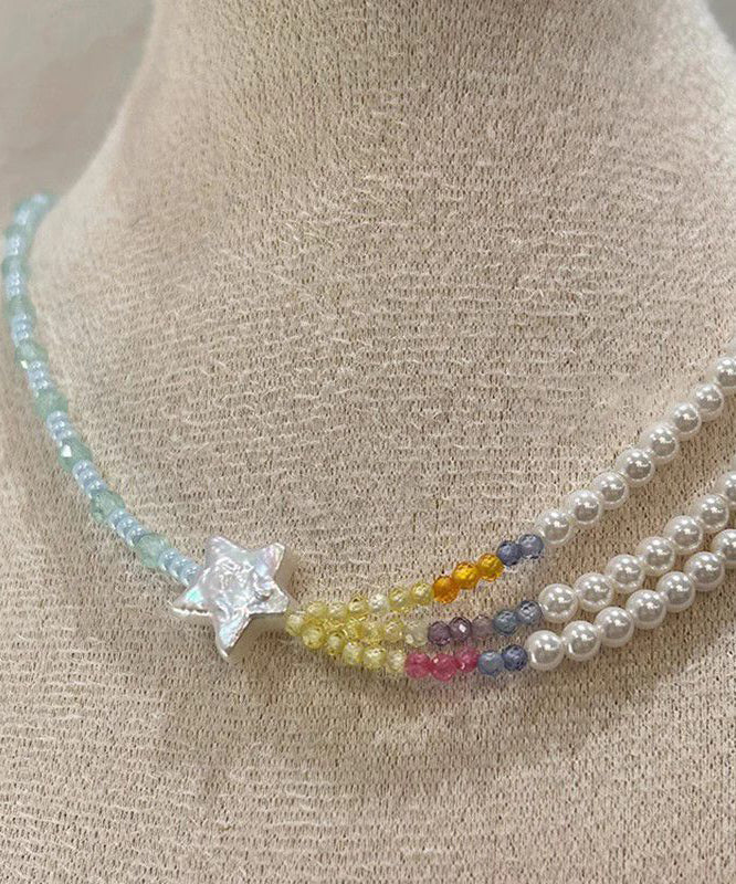 Women Colorblock Pearl Beads Layered Star Gratuated Bead Necklace