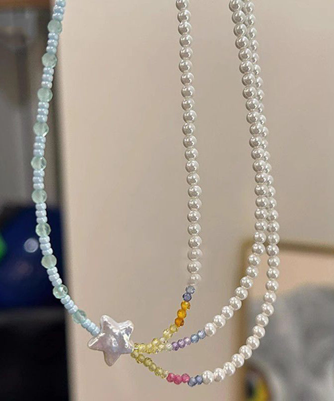 Women Colorblock Pearl Beads Layered Star Gratuated Bead Necklace