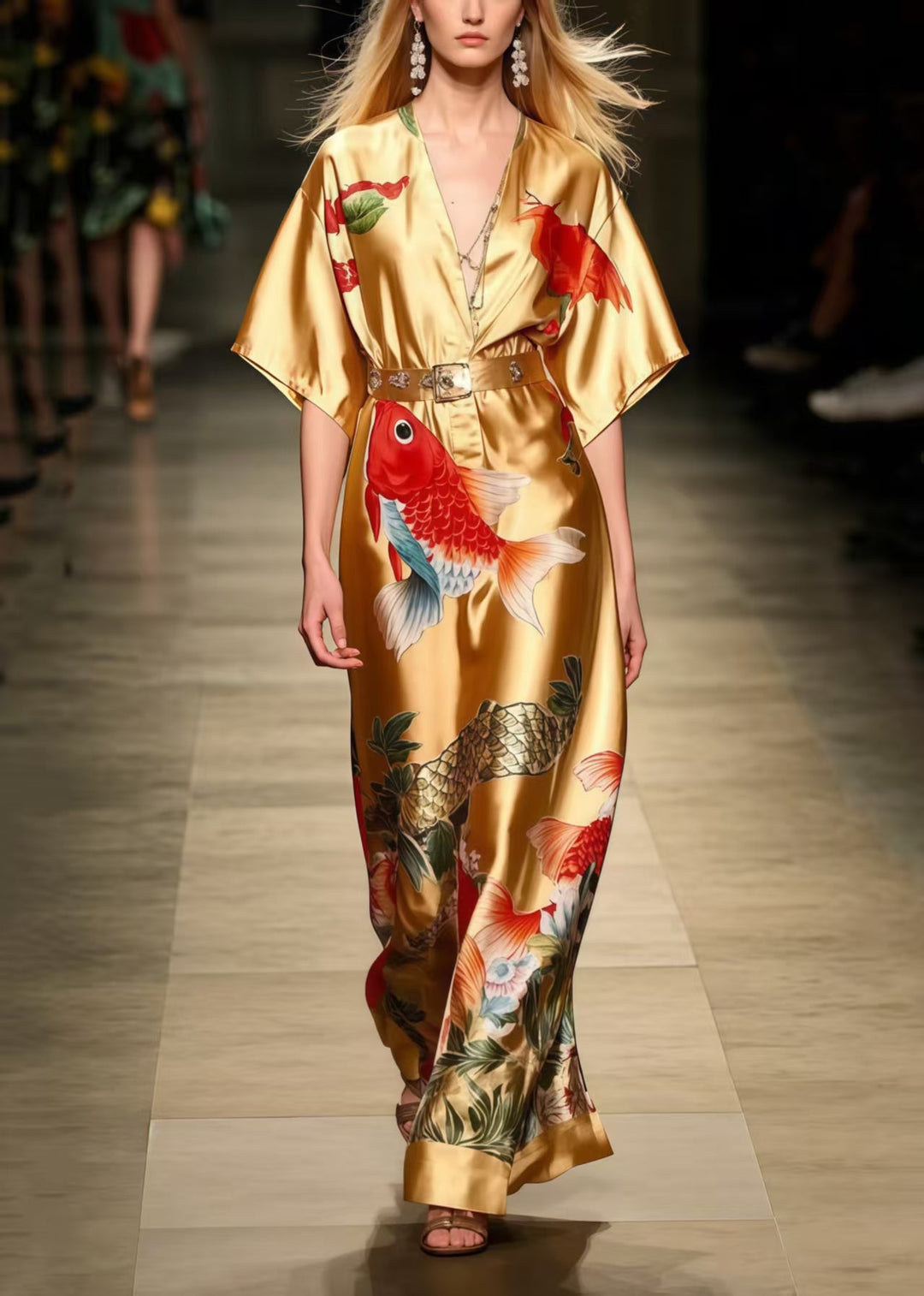 Women Golden Koi Fish Print Silk Tunic Dress Summer