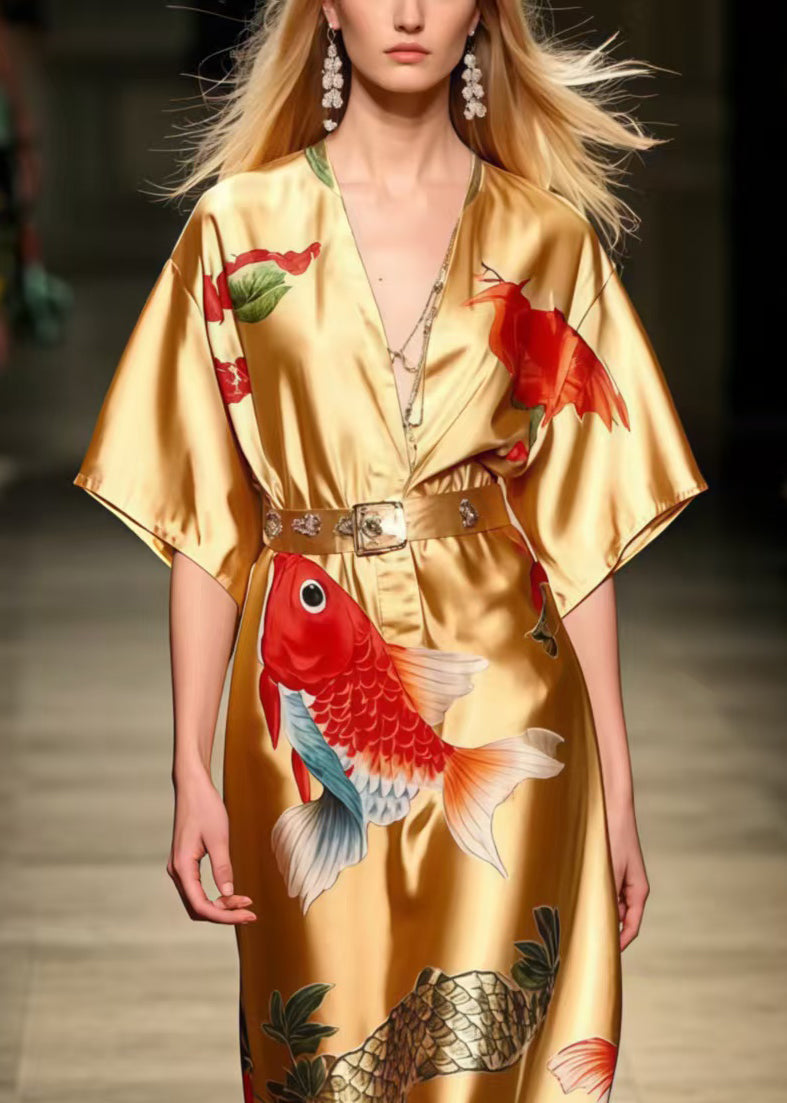 Women Golden Koi Fish Print Silk Tunic Dress Summer
