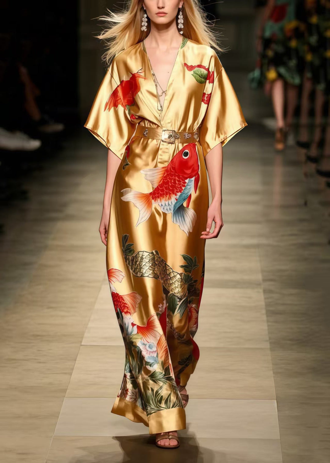 Women Golden Koi Fish Print Silk Tunic Dress Summer