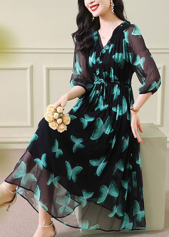 Women Green V Neck Print Drawstring Silk Dresses Summer