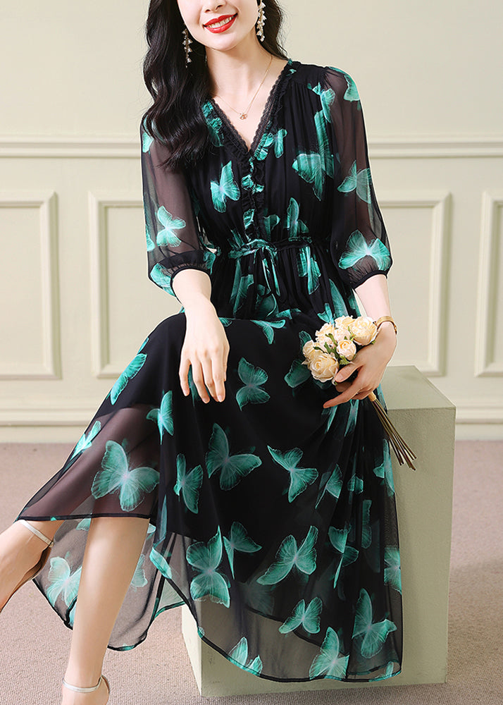 Women Green V Neck Print Drawstring Silk Dresses Summer