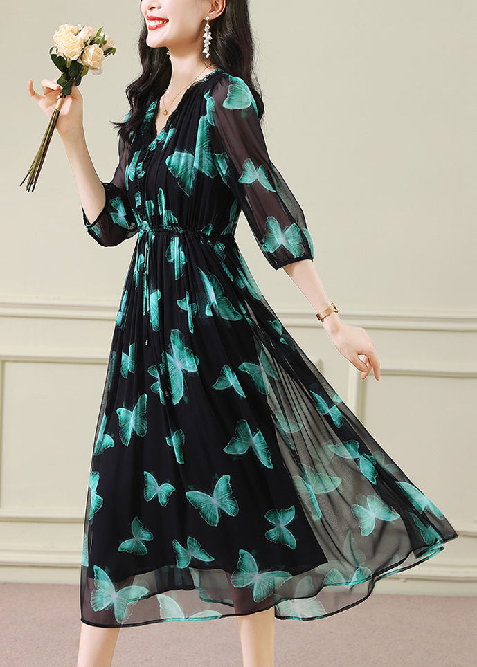 Women Green V Neck Print Drawstring Silk Dresses Summer