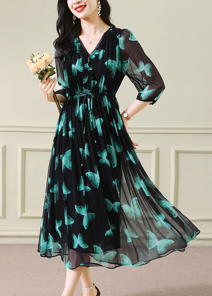 Women Green V Neck Print Drawstring Silk Dresses Summer