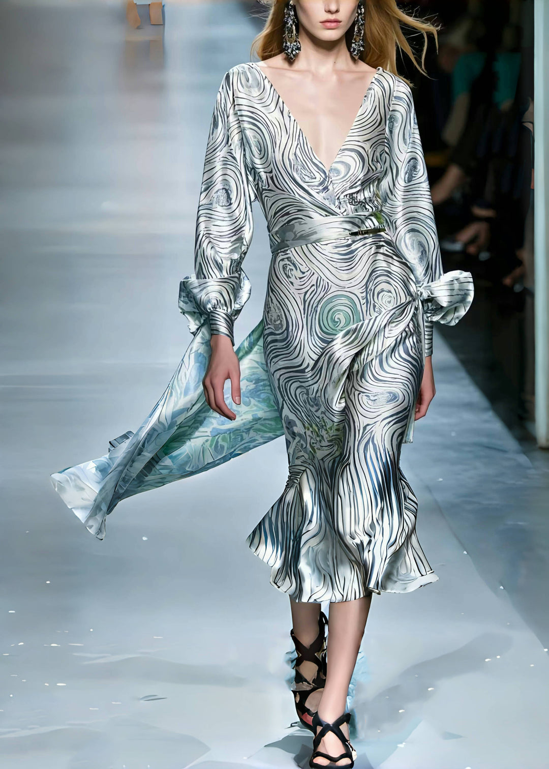 Women Grey Asymmetrical Striped Silk Robe Dresses Spring