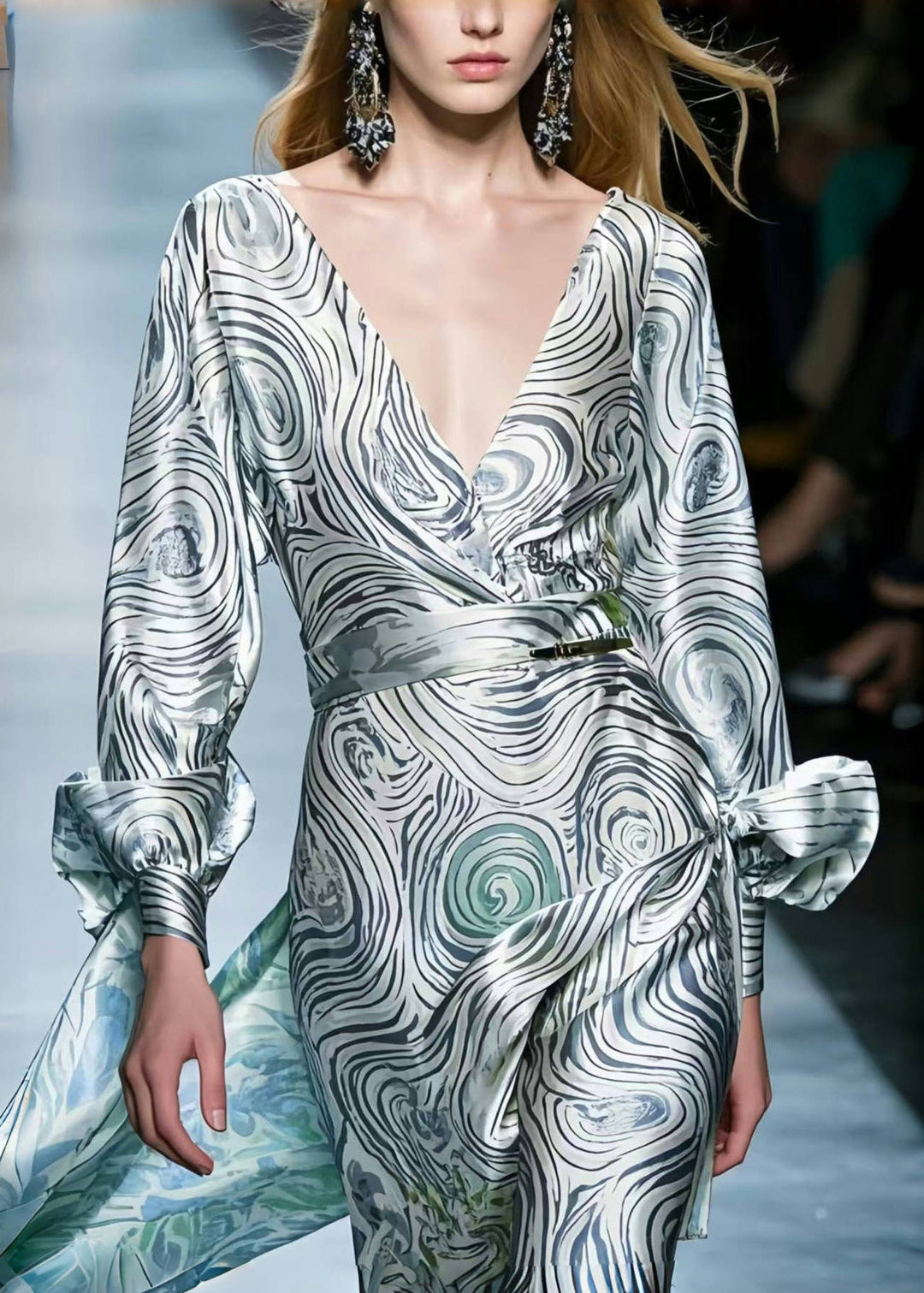 Women Grey Asymmetrical Striped Silk Robe Dresses Spring