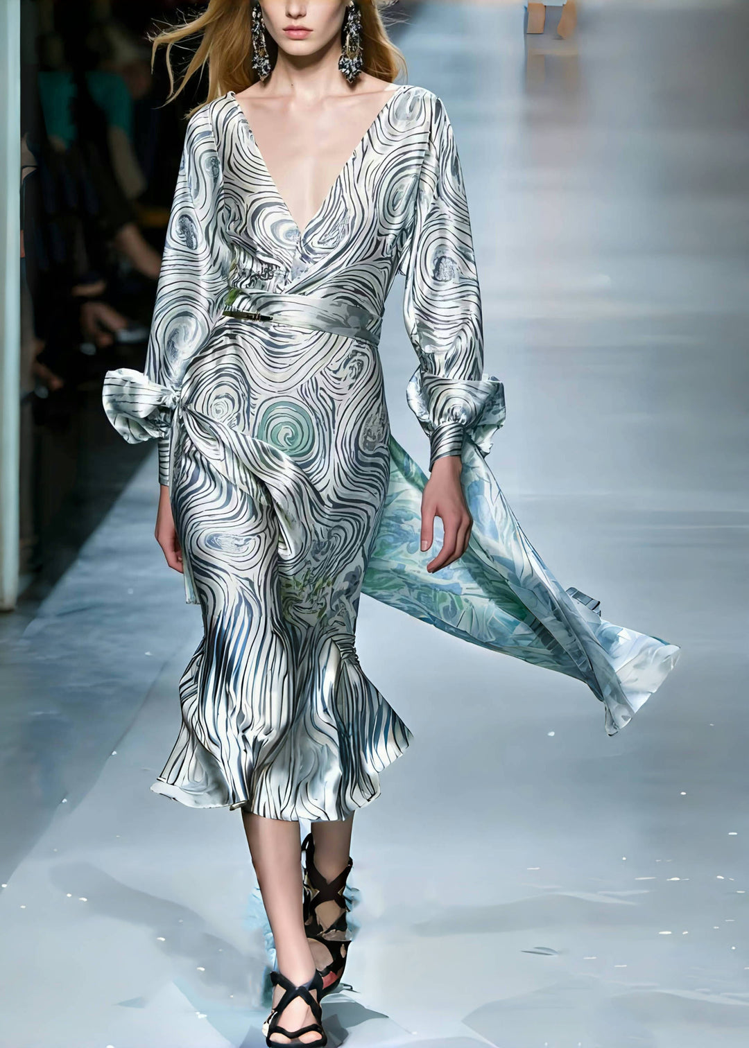 Women Grey Asymmetrical Striped Silk Robe Dresses Spring