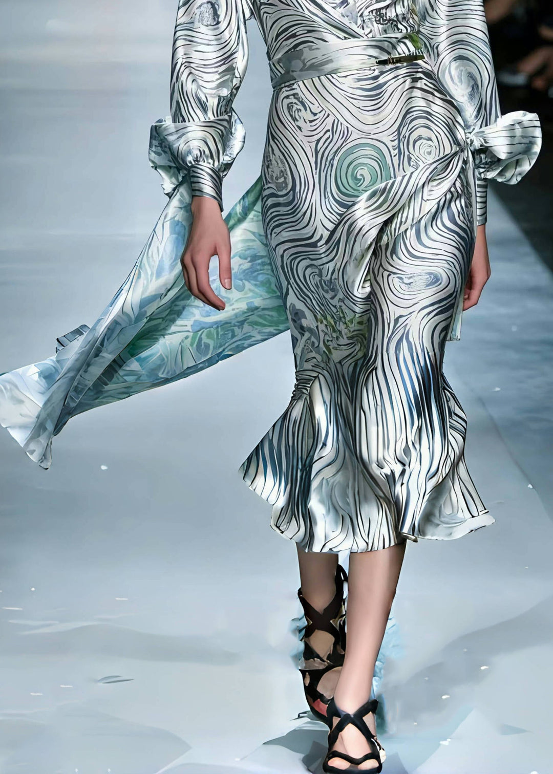 Women Grey Asymmetrical Striped Silk Robe Dresses Spring