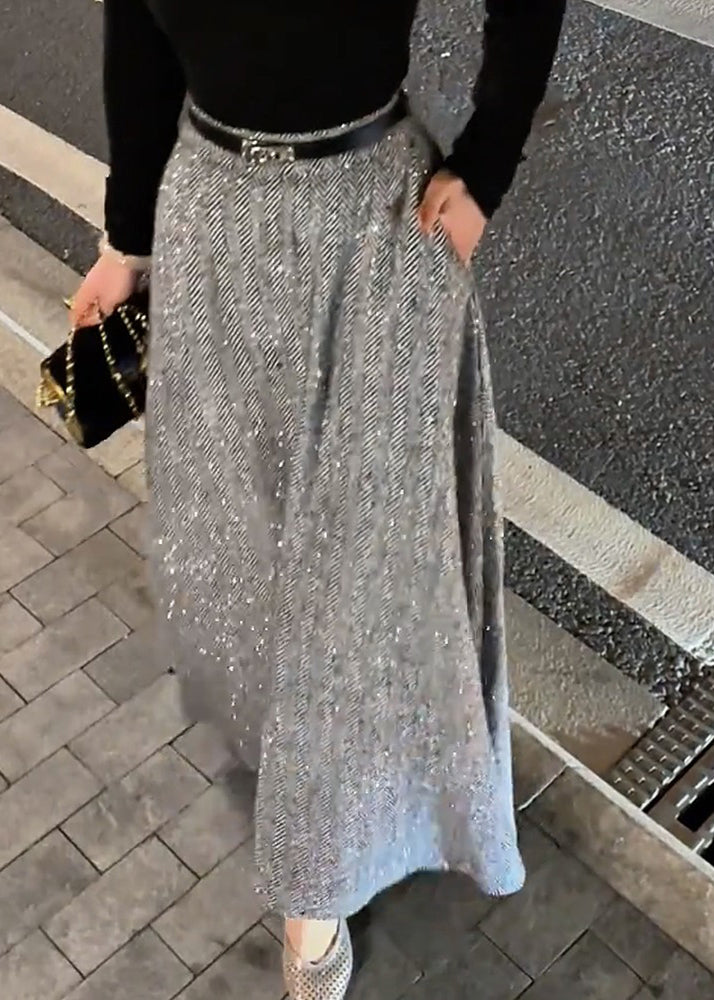 Women Grey Pockets High Waist Woolen Skirt Fall