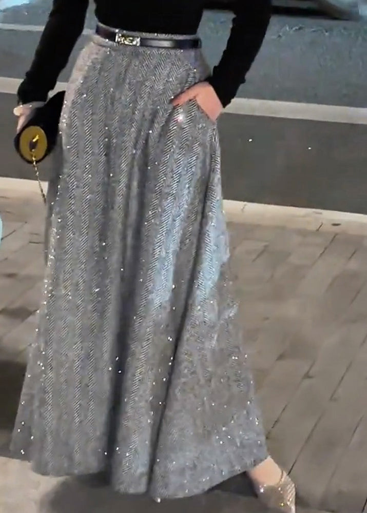 Women Grey Pockets High Waist Woolen Skirt Fall